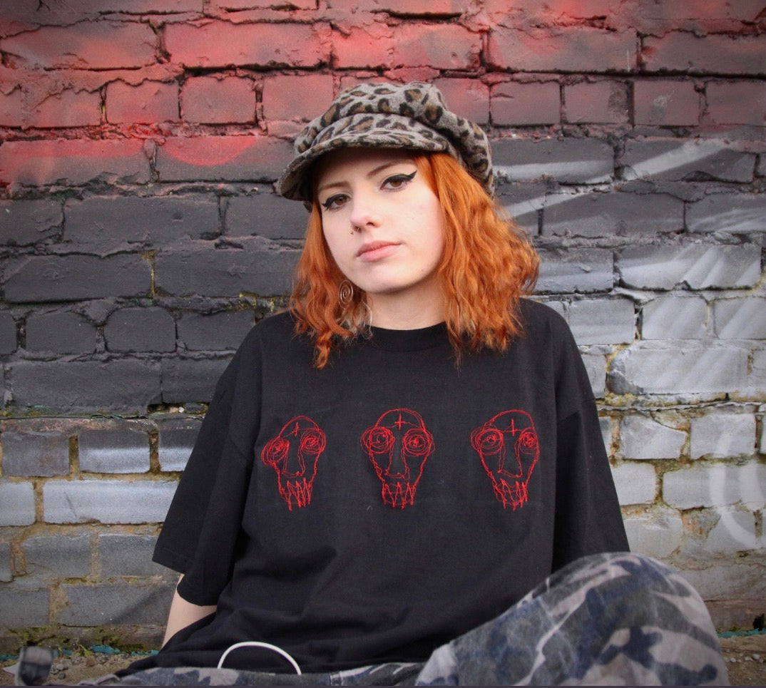 Black X Red Embroidered Skulls T-Shirt